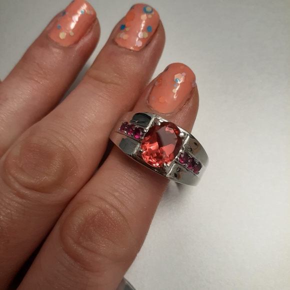 Men's Salmon Quartz & Ruby CZ Stainless Steel Ring - Picture 8 of 14